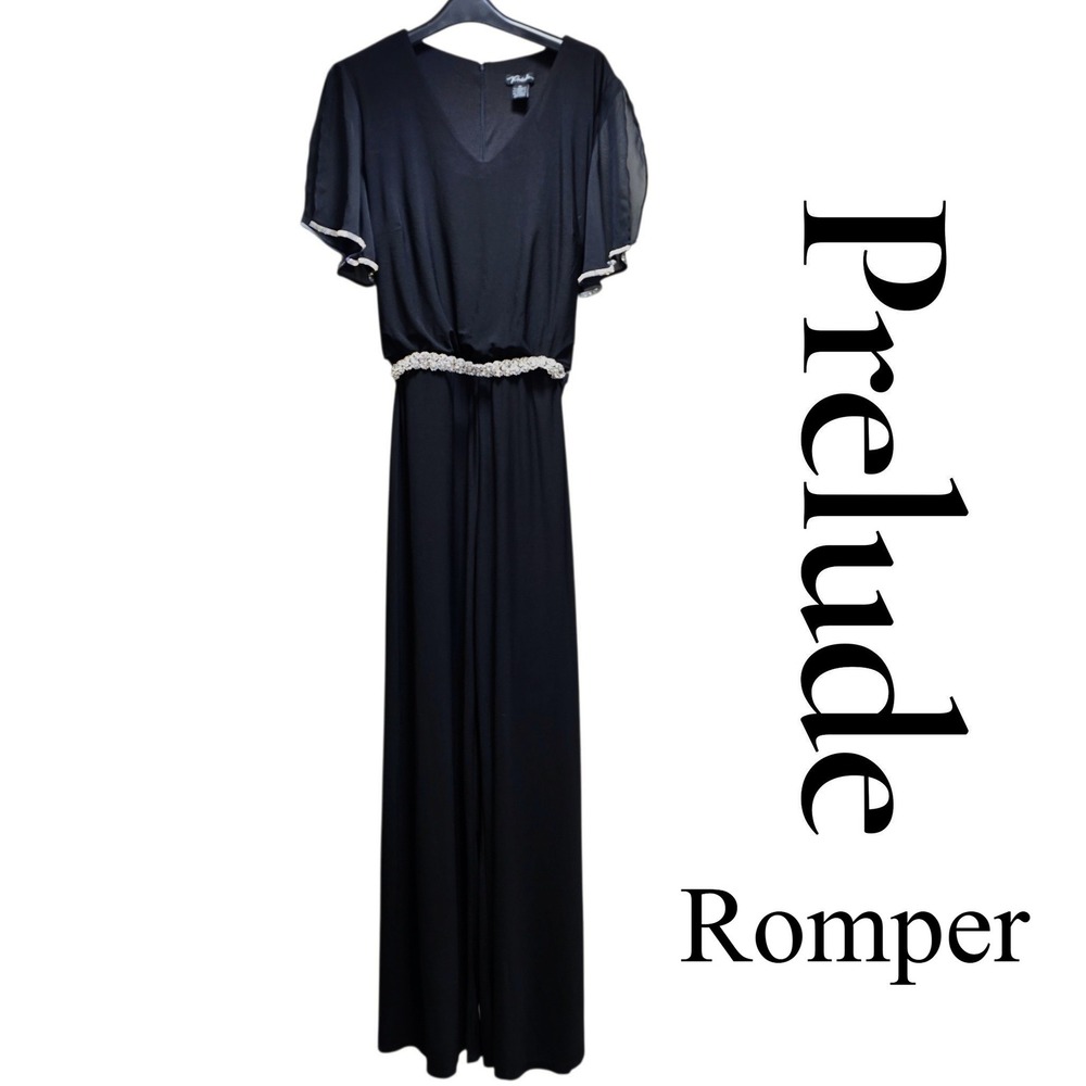 Prelude Jumpsuit Womens XL Black Poly Spandex Wide Leg Rhinestone Evening Glam